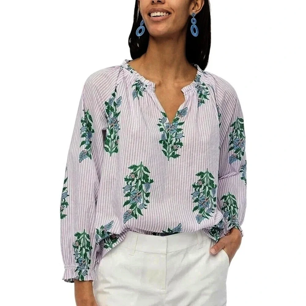 J. Crew Striped Floral V-Neck Ruffle Blouse Purple White Coastal Boho Size S